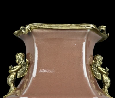 43CM Yongzheng Signed Old Chinese Cowpea Red Glaze Vase w/angel N3949