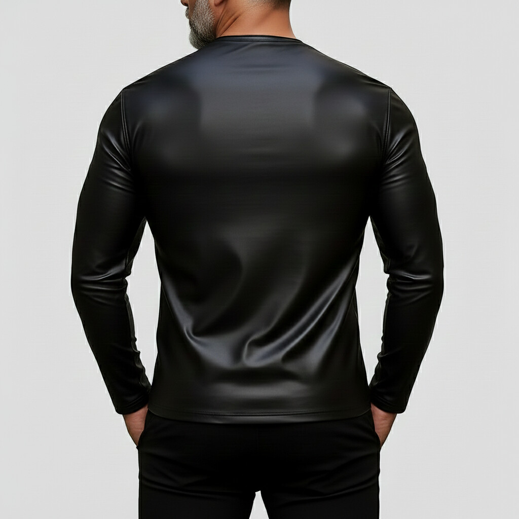 Men's Black PU Leather Round Neck Half-Zip Long Sleeve Henley Shirts