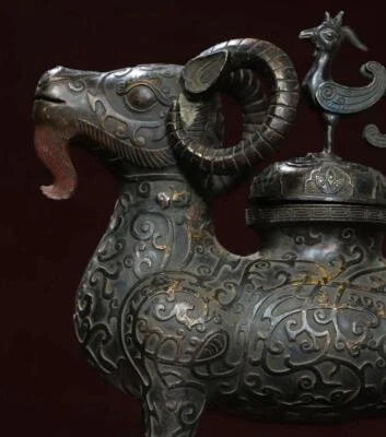 28CM Qianlong Signed Old Chinese Bronze Statue Zun w/Sheep N2807