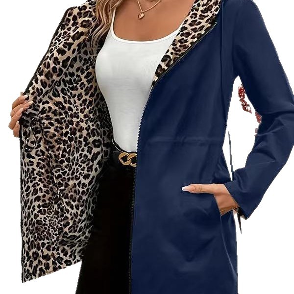 Spring Fall Women's Reversible Wear Midi Trench Coat Leopard Inside Fashion Casual Hooded Thin Women's Coat