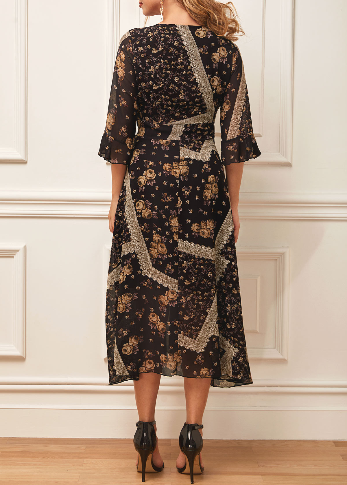 Black Chiffon Floral Print V Neck Dress