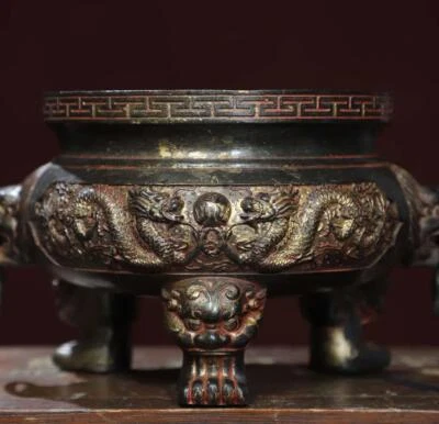 Xuande Signed Old Chinese Bronze Incense Burner w/dragon N2857