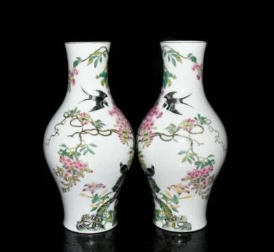 Yongzheng Signed Pair Old Chinese Famille Rose Vase W/bird N3063