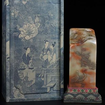 907G Old Chinese Shoushan Stone Seal Stamp Statue w/crane N2205