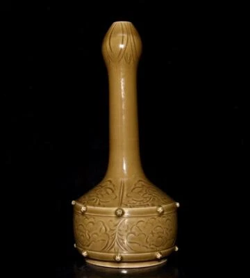 36CM Chonghe Signed Old Chinese Yaozhou Kiln Vase w/flower N2968