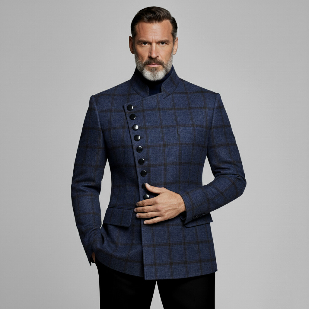 Men's Navy Blue Plaid Print Mandarin Collar Long Sleeve Asymmetrical Button Jackets