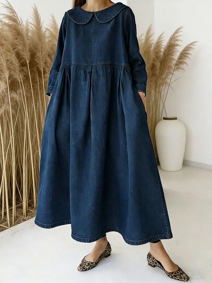 NEW🔥 Women's Peter Pan Collar Long-sleeved Loose-fitting Casual Denim Dress