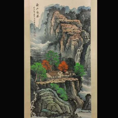 Huang Junbi Signed Chinese Hand Painted Calligraphy Scroll w/landscape N1851