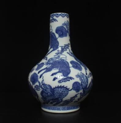 36CM Kangxi Old Signed Antique Chinese Blue & White Porcelain Pot Vase w/ kylin