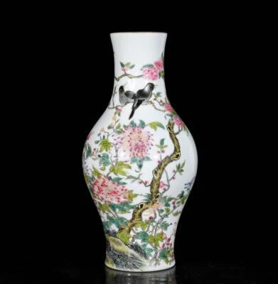 Yongzheng Signed Pair Old Chinese Colour Enamel Vase W/bird N3606