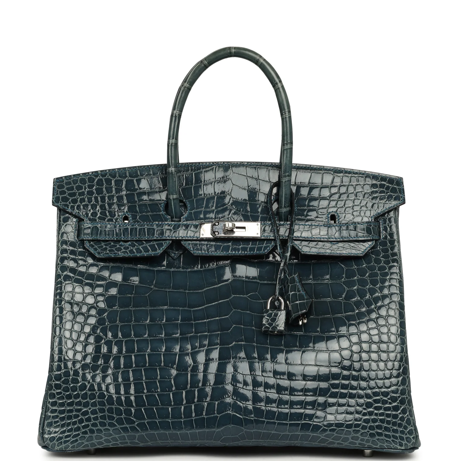 HERMÈS Birkin 35 Bleu Tempete Shiny Porosus Crocodile Palladium Hardware
