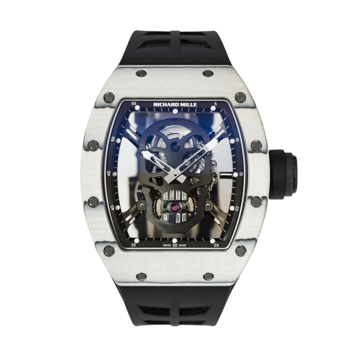 【7A Quality】Best Swiss Replica Richard Mille RM52 Skull Tourbillon Watch with Rubber Strap