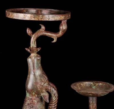 54CM Old Chinese Bronze Statue Light Holder w/deer N1730