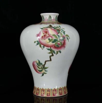 32CM Qianlong Signed Old Chinese Colour Enamel Vase W/peach N3659
