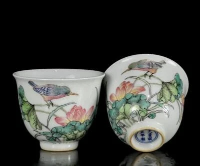 Yongzheng Signed Pair Old Chinese Famille Rose Cup W/louts flower CK49