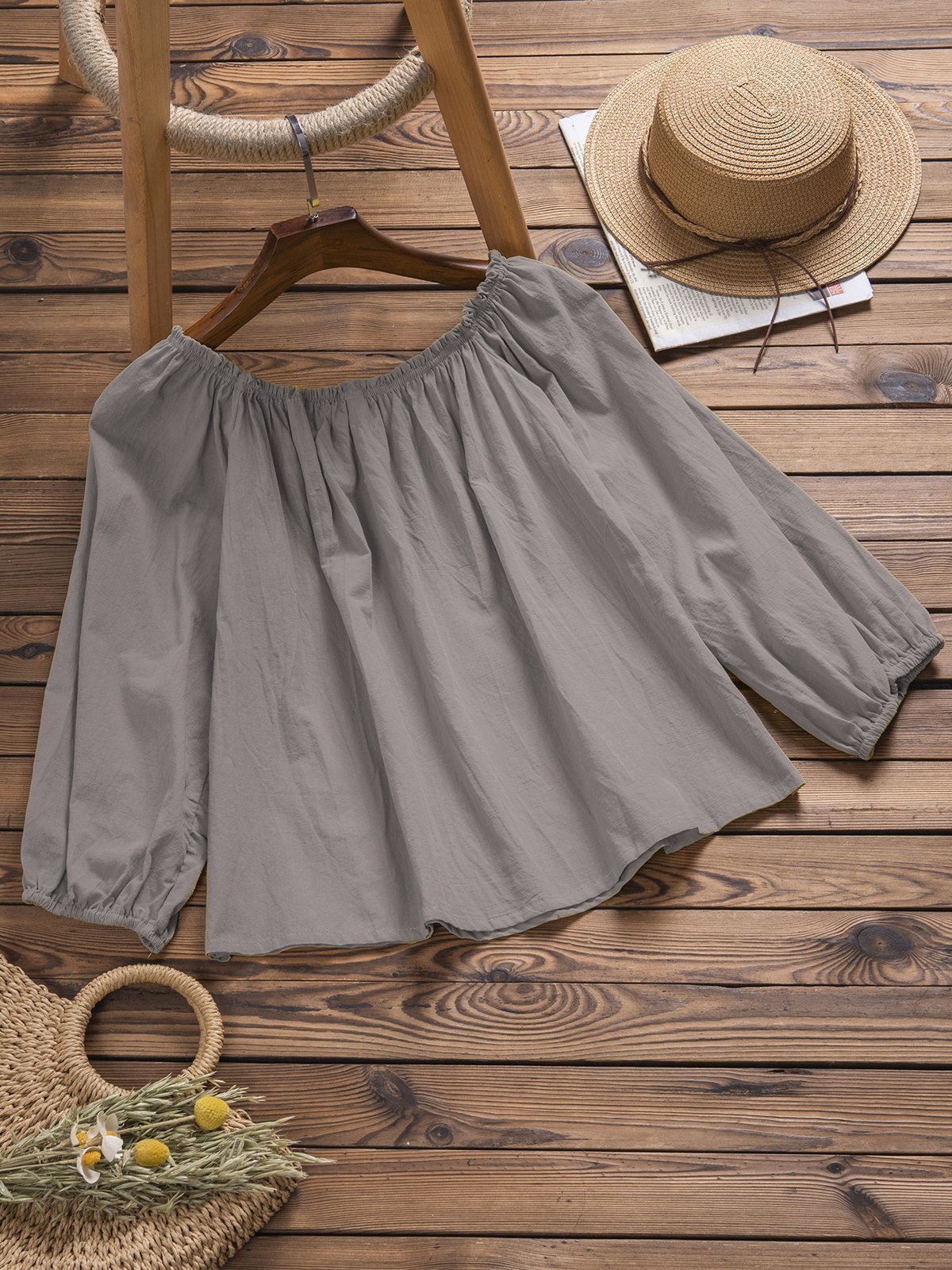 Casual Off Shoulder Long Sleeve Solid Shirts & Tops