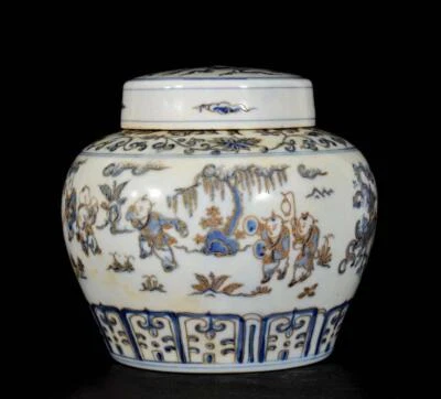 Pair Tian Signed Old Chinese Blue and White Gilding Lid Pot W/kid N3167