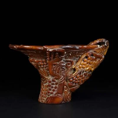 Qianlong Signed Old Chinese Cow Statue Cup w/grape N170