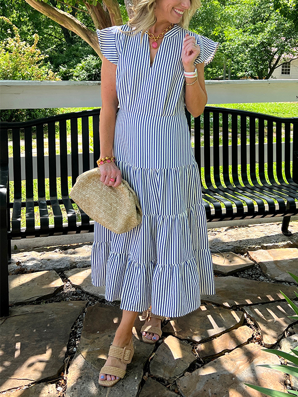 🌲🔥 Striped V Neck Ruffle Shirt Dress