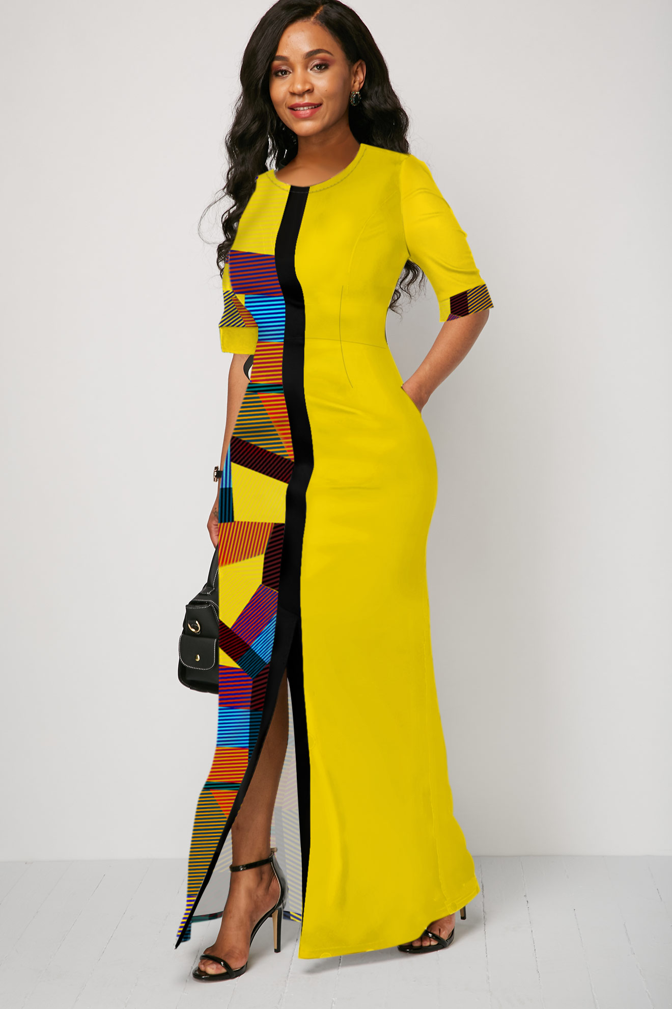 Half Sleeve Geometric Print Yellow Slit Dress