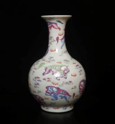 39CM Yongzheng Signed Antique Chinese Famille Rose Vase W/lions