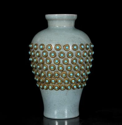 Chongning Signed Old Chinese Song Ru Kiln Vase W/turquoise stone N3464