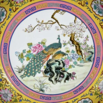 37CM Yongzheng Signed Old Chinese Colour Enamel Dish W/peacock N3485