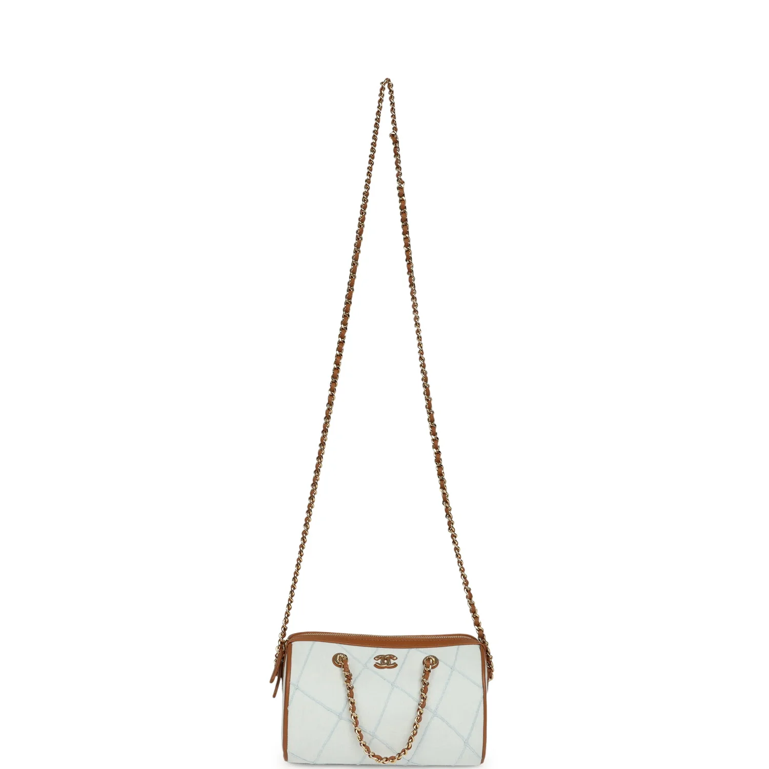 Chanel Coco Beach Mini Timeless Classic Barrel Bag with Chain Light Blue Denim and Brown Calfskin Gold Hardware