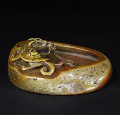 690g Signed Old Chinese Shoushan Stone Statue Brush Washer w/dragon CK288