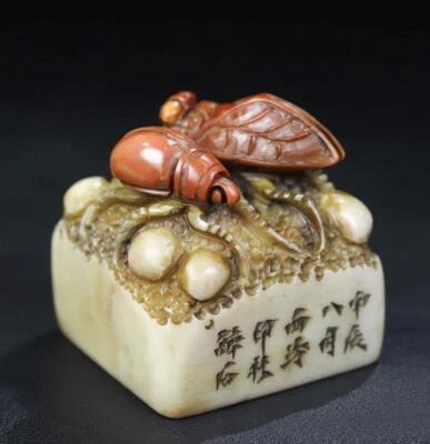 Old Chinese Shoushan Stone Seal Stamp Statue w/cicada N185