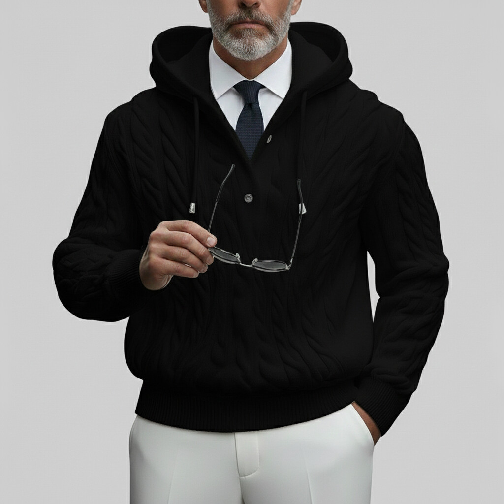 Men's Solid Checker Hooded Long Sleeve Rope Drawstrings Cable Knit Sweaters