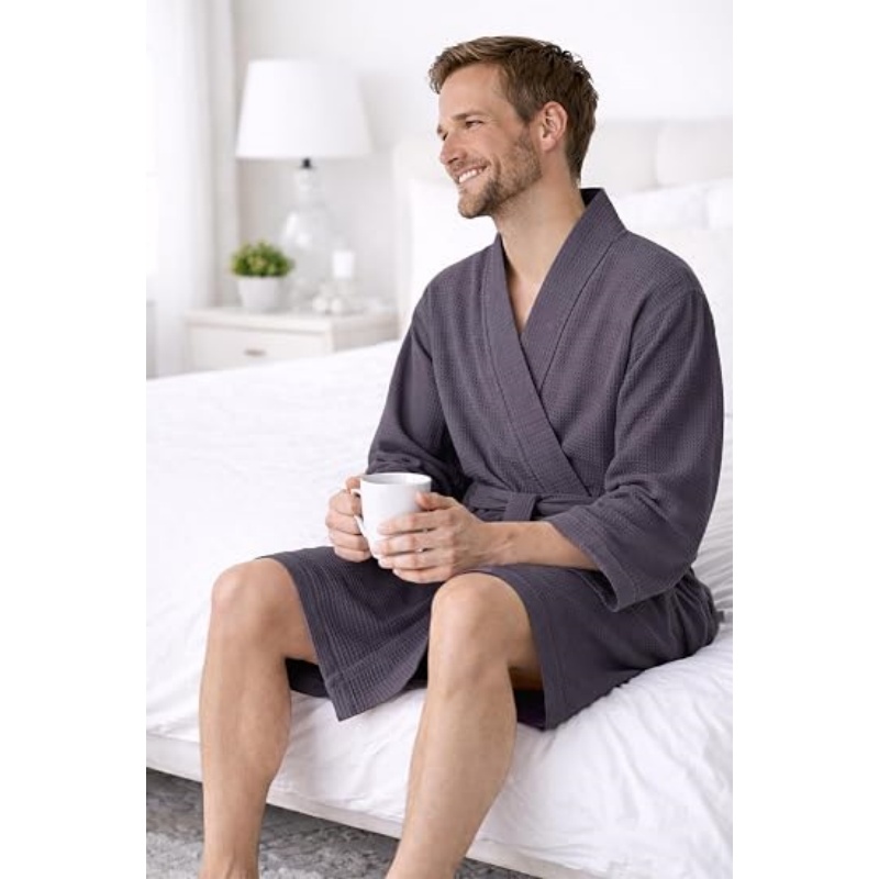 Turkish Linen Men's Waffle Bathrobe Lightweight Kimono Spa Robe