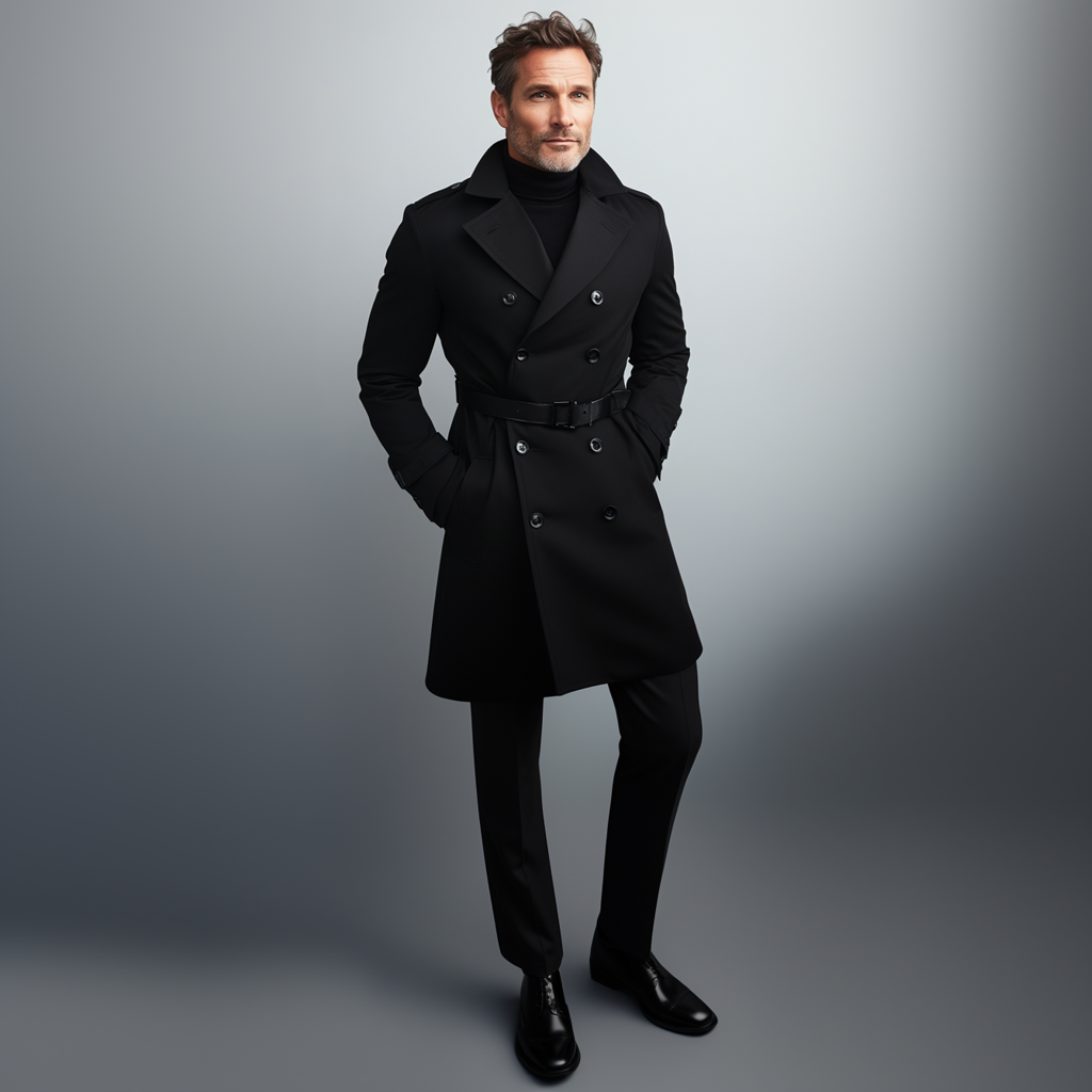 Men's Business Lapel Collar Double Breasted Belt Trench Coat