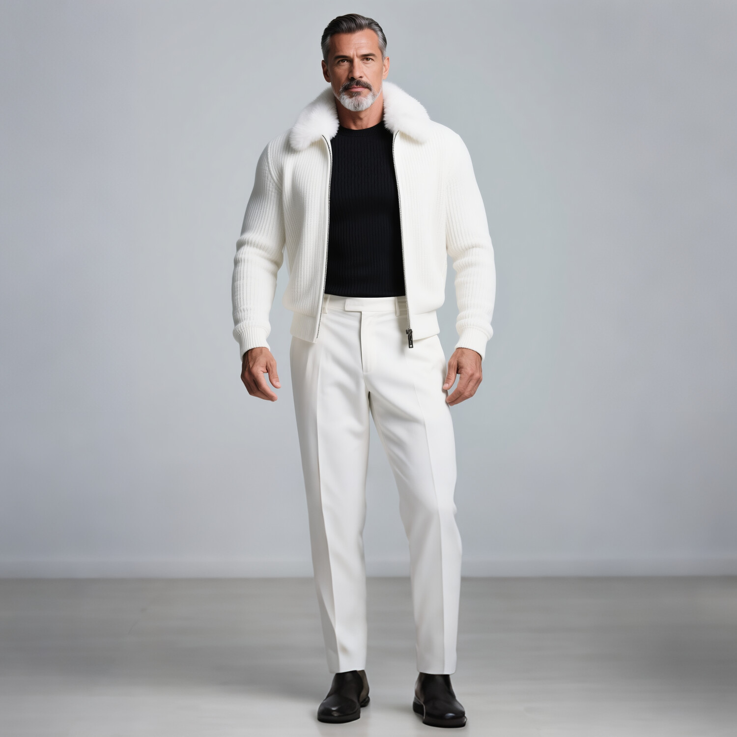 Men's Plush Turndown Collar Long Sleeve Zip Up Rib Knitted Jacket