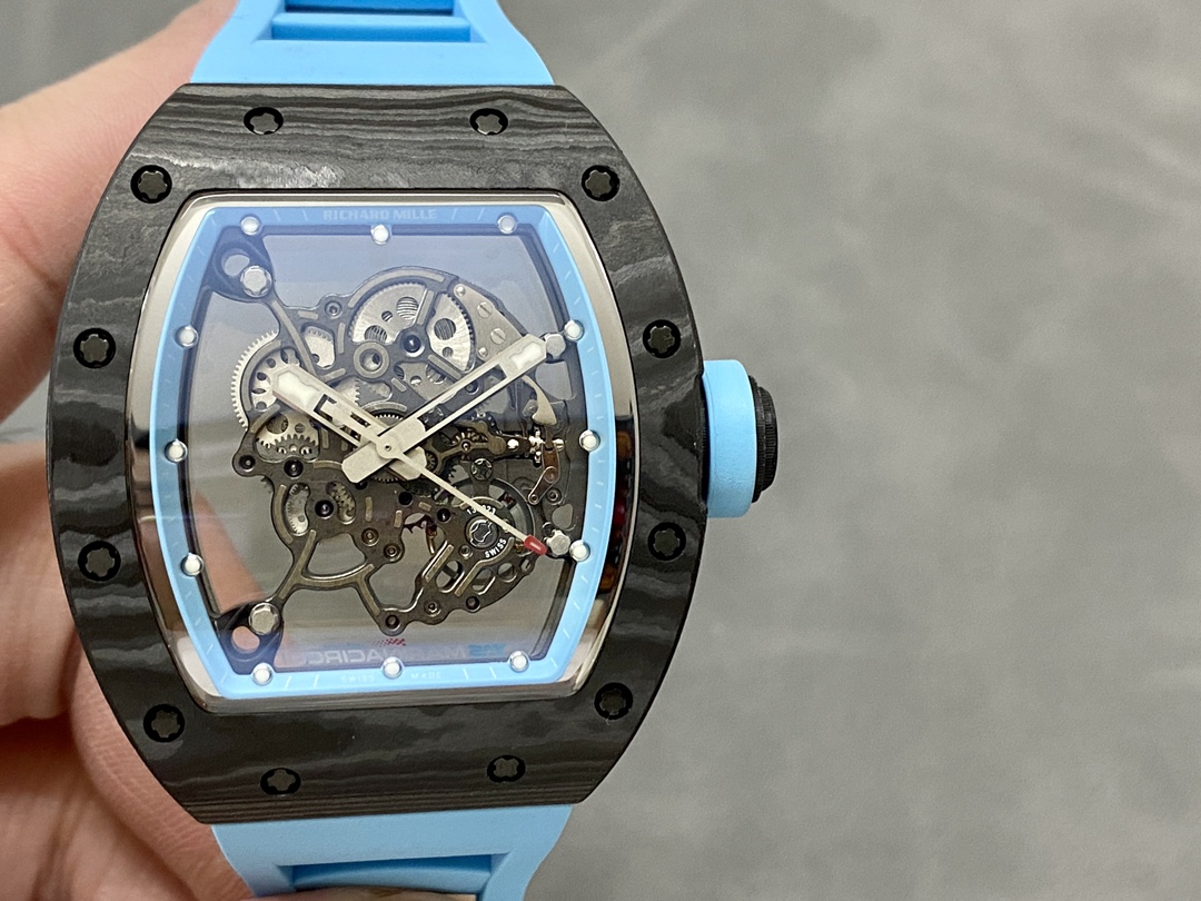 【7A Quality】Best Replica RICHARD MILLE RM 55 – Swiss Movement Super Clone with Carbon Case & Blue Rubber Strap