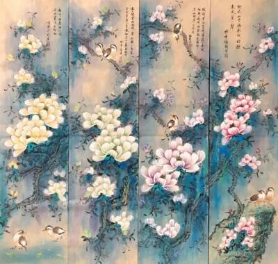 Four Mei Lanfang Signed Chinese Hand Painted Calligraphy Scroll w/ flower N1905