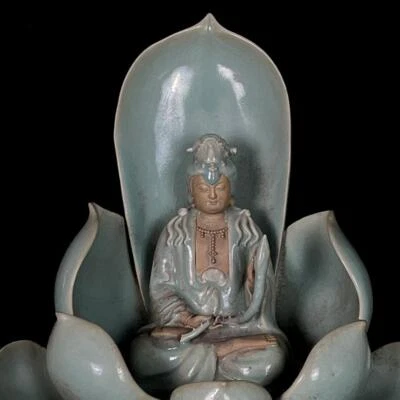 31CM Old Chinese Song Ru Yao Ru Kiln Statue w/Guanyin Buddha N923