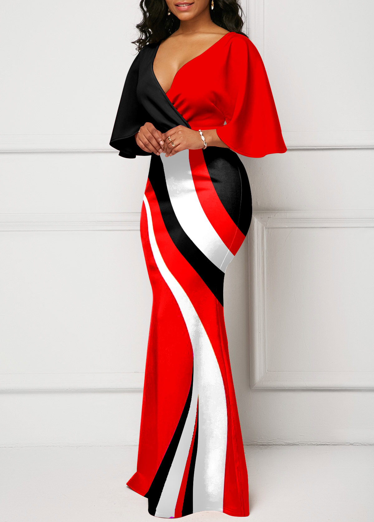 Geometric Print Red V Neck Maxi Dress