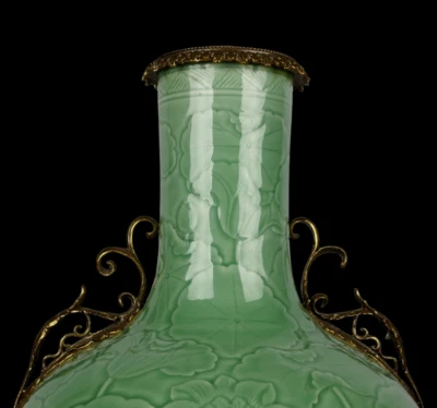 61CM Qianlong Signed Old Chinese Yingqing Glaze Vase w/louts flower N3976