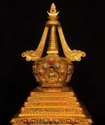 33.5CM Old Chinese Bronze Gilding Statue Pagoda CK417