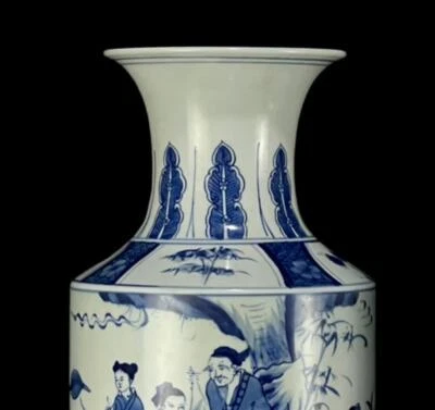 42CM Kangxi Signed Old Chinese Blue and White Vase W/figure N1263