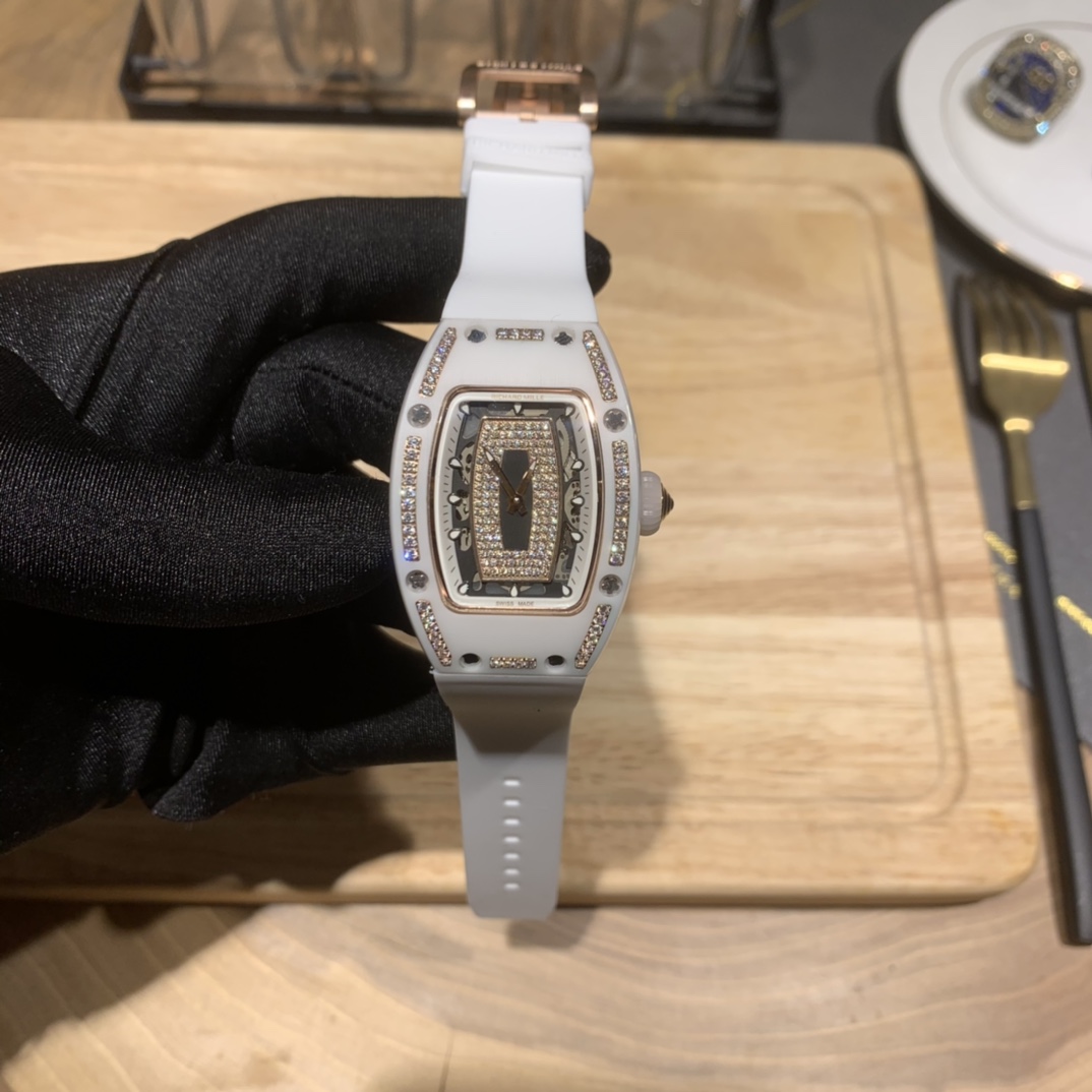 【7A Quality】Elegant Swiss Richard Mille RM 07-01 Replica White Ceramic & Rose Gold Diamond Dial Watch – Luxury Style For Women