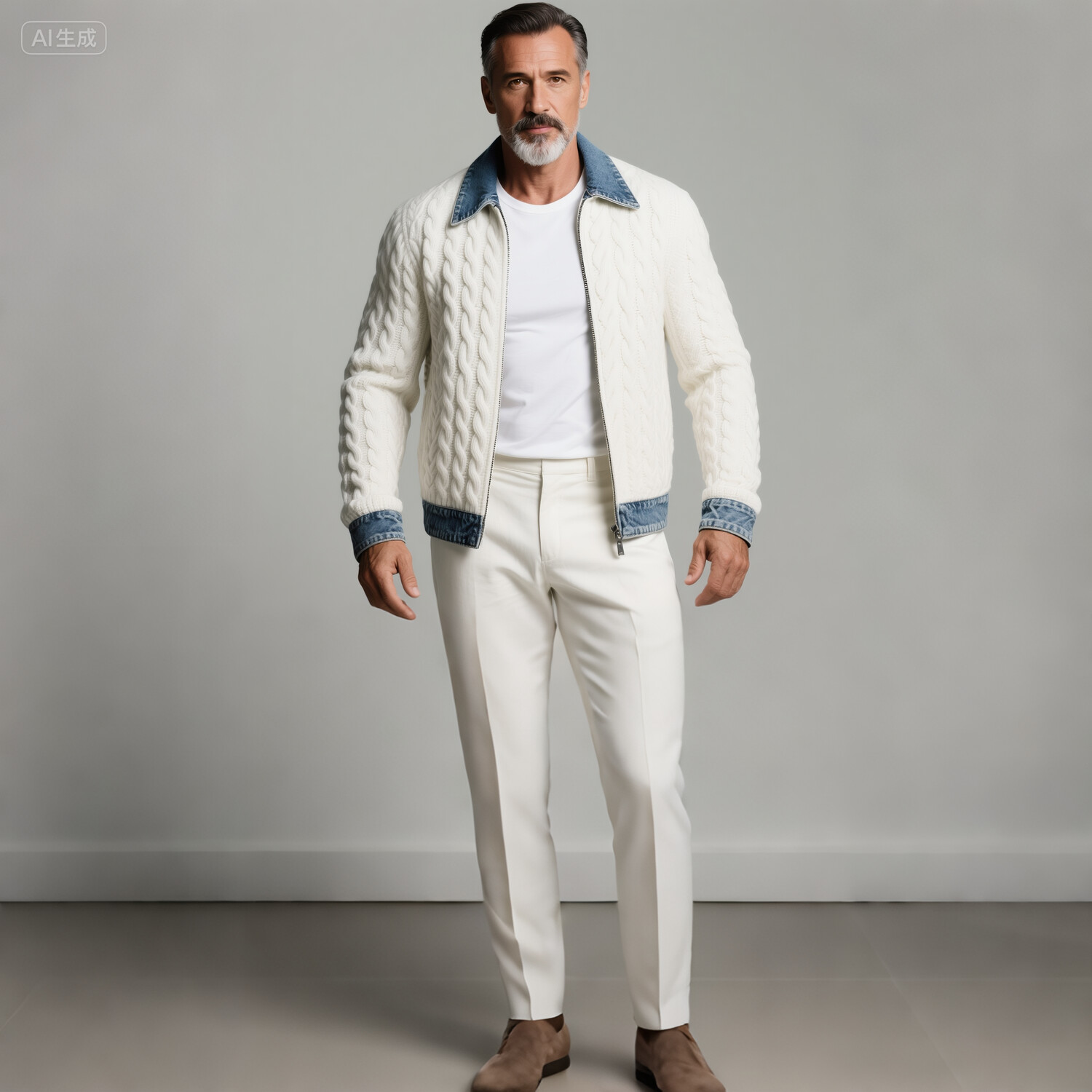 Men's Denim Trim Shirt Collar Long Sleeve Cable Knit Zipper Jacket