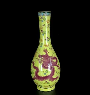 Pair Qianlong Signed Old Chinese Yellow Glaze Vase W/dragon N804