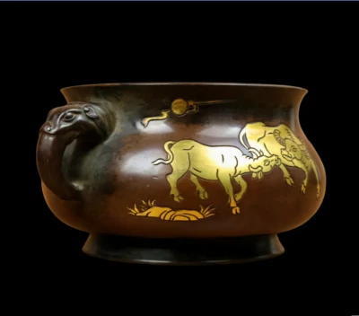 Kaisi Signed Old Chinese Red Copper Handmade Incense Burner w/cow N3859