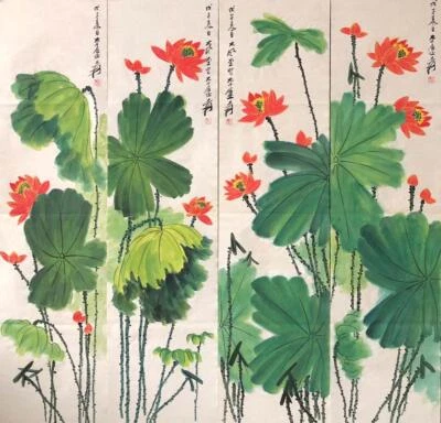 Four Zhang Daqian Signed Chinese Hand Painted Calligraphy Scroll w/louts N1898