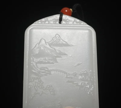 62G Chinese Carved Nephrite Jade Pendant W/landscape