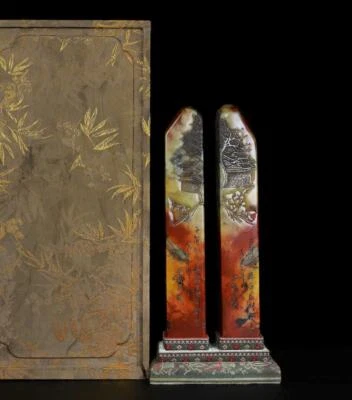 1274G Pair Old Chinese Shoushan Stone Seal Stamp Statue w/figure N1208