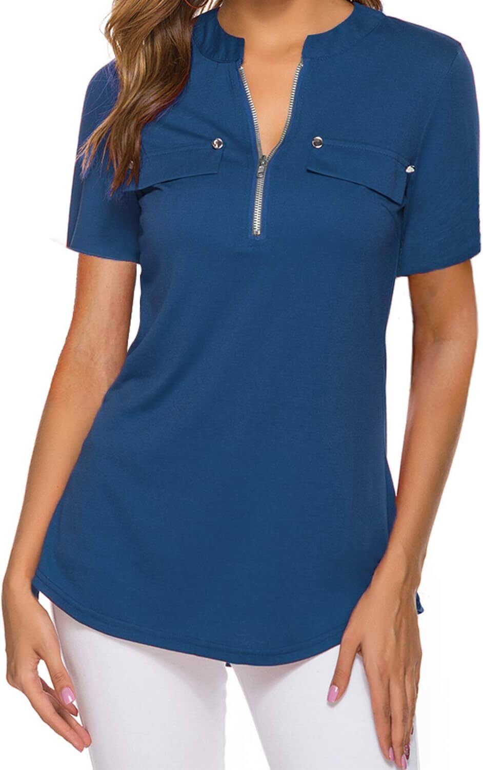 Damen Kurzarm Zip Quaste Long Shirt Business Casual Arbeit Büro Shirt