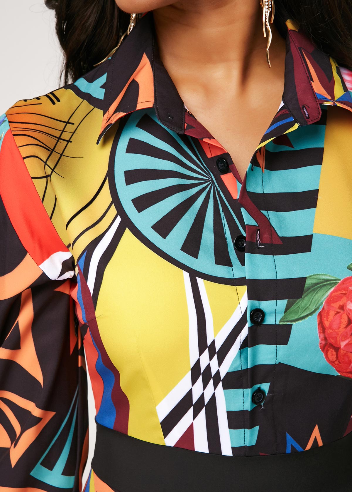 Printed Button Up Long Sleeve Turndown Collar Dress